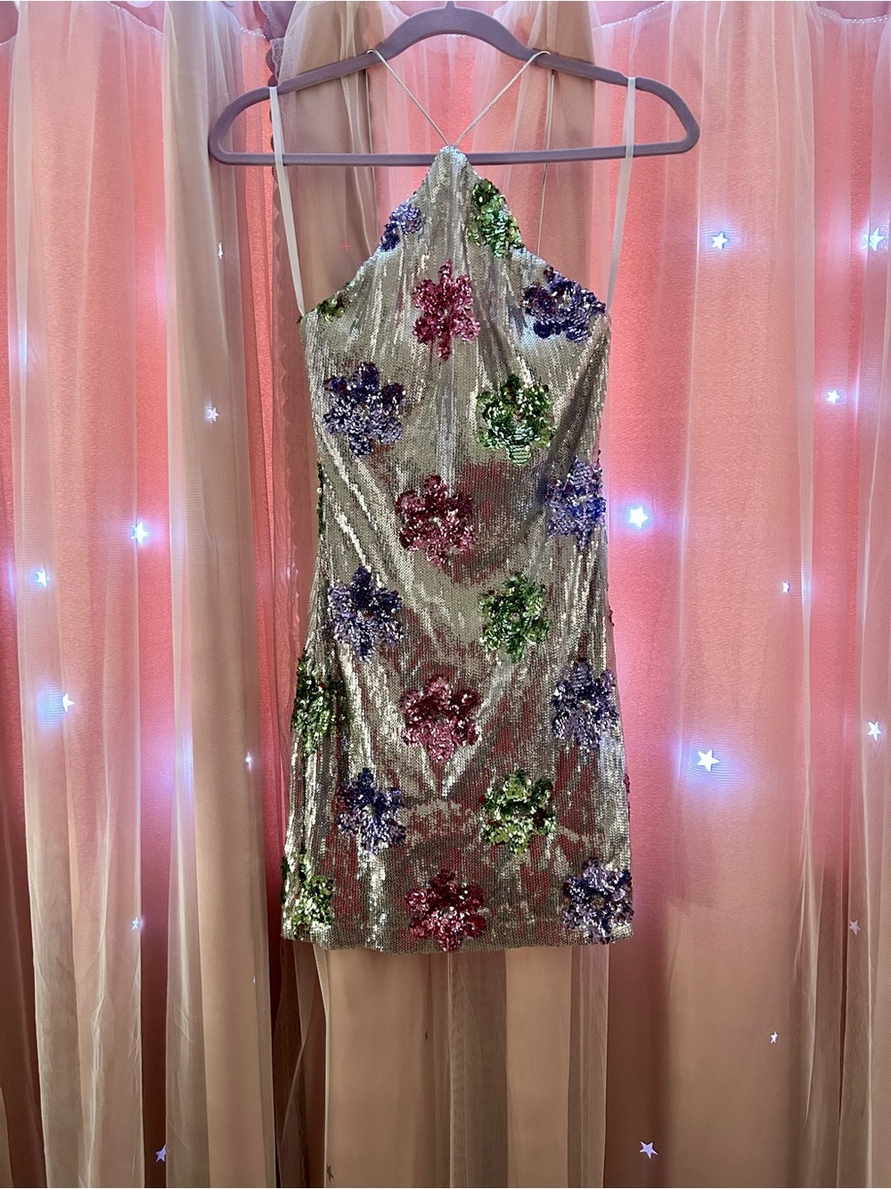 Silver Sequin Floral Halter Mini Dress